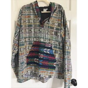 IXCHEL Hand Embroidered Ikat Guatemala 100% Cotton BoHo Hippie Hoodie XXL